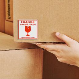 Adhesive label 58x59mm (RED) - FRAGILE Handle with care 100pc.