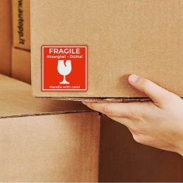 Adhesive label 58x59mm (RED) - FRAGILE Handle with care 100pc.