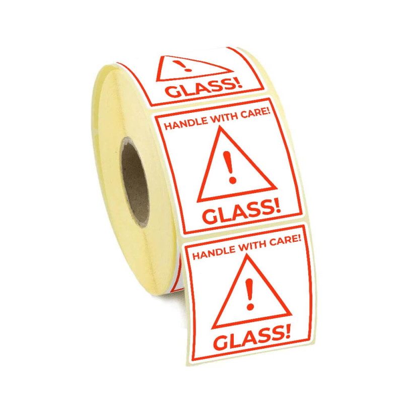 Lipnios etiketės 58x59mm (Raudonos) - GLASS! Handle with care 100vnt.