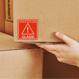 Adhesive label 58x59mm (Red) - GLASS! Handle with care 100pc.