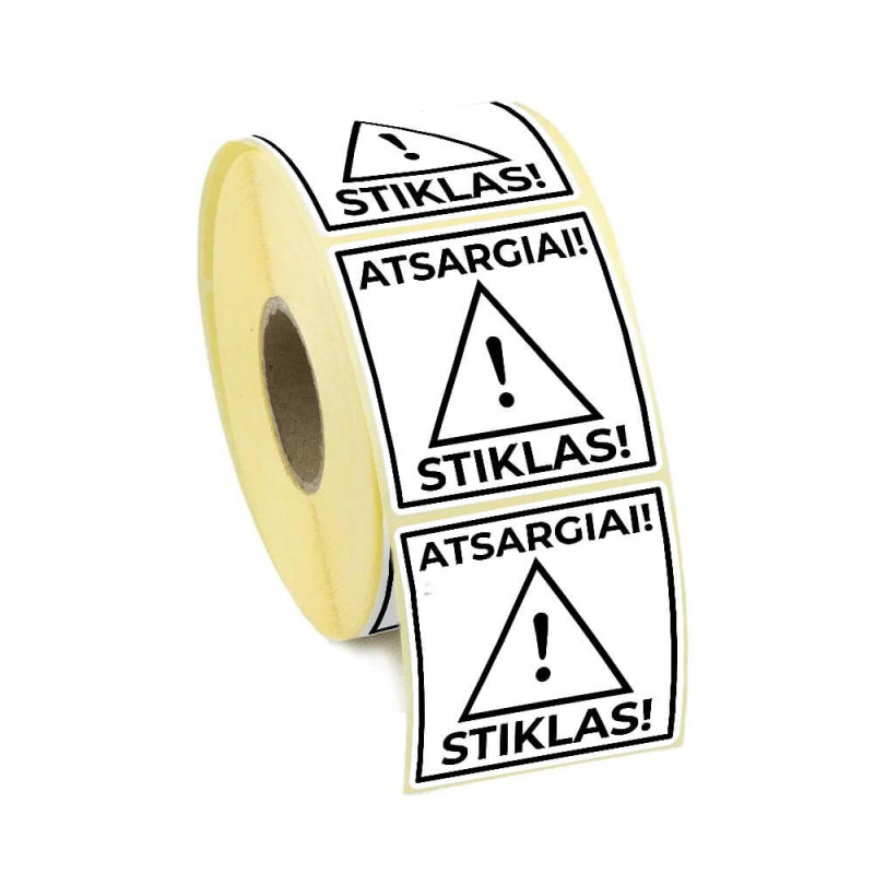 Adhesive label 58x59mm - Atsargiai! STIKLAS! 100pc.