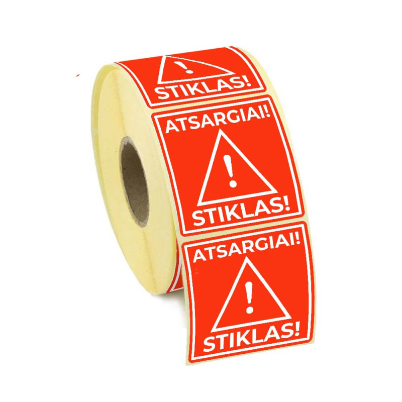 Adhesive label 58x59mm (Red) - Atsargiai! STIKLAS! 100pc.