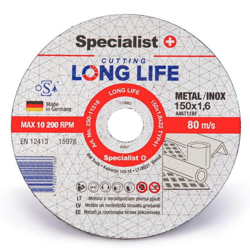 Диск отрезной по металлу 115x1.6x22мм SPECIALIST+ Long-Life